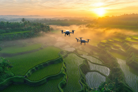 Two drones fly above the scenic rice terraces at sunrise, illuminating the vibrant green landscape.の写真素材
