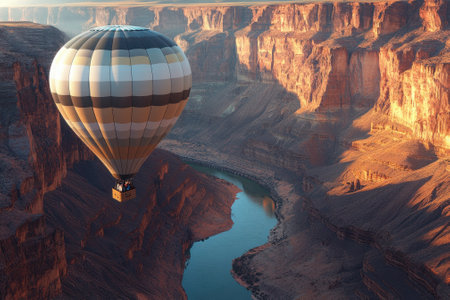 Hot air balloon gracefully soars above canyon cliffs, illuminating the landscape with warm sunset glow.の写真素材