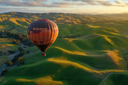 A colorful hot air balloon floats gracefully above rolling green hills as the sun rises, illuminating the landscape.の写真素材
