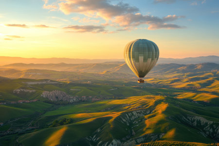 A colorful hot air balloon drifts gently above lush green hills during a picturesque sunset.の写真素材