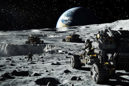 Astronauts traverse the moon's surface in rovers while Earth hangs magnificently in the backdrop.の写真素材