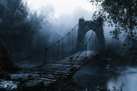 An ancient suspension bridge emerges from thick mist, creating a peaceful atmosphere in the forest.の写真素材