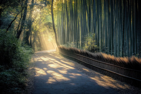 Sunlight filters through tall bamboo as it casts shadows on a winding path in a peaceful forest.の写真素材