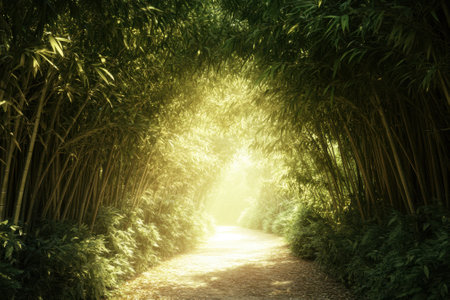 A tranquil pathway winds through vibrant bamboo, basking in gentle sunlight filtering through leaves.の写真素材