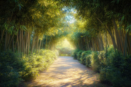 A peaceful pathway surrounded by tall bamboo plants leads into a sunlit forest.の写真素材