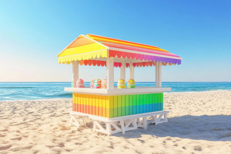A vibrant ice cream stand sits on golden sand, offering colorful treats under the warm sun and blue sky.の写真素材