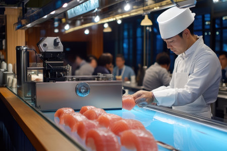Skilled chef artfully slices fresh fish at the sushi bar while patrons enjoy their meals nearby.の写真素材