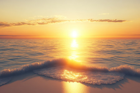 Soft waves gently touch the shore as the sun sets on the horizon, casting warm orange hues across the sky.の写真素材