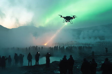 Crowds admire the northern lights as a drone launches fire in a volcanic landscape during twilight.の写真素材