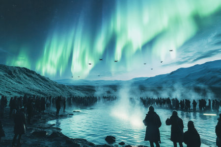 Crowds gather by a frozen lake to witness a stunning display of northern lights illuminating the night sky.の写真素材