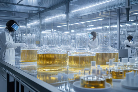 Researchers in lab coats analyze samples in a high-tech laboratory with illuminated glass containers.の写真素材
