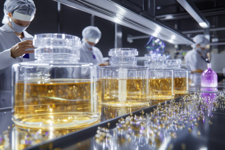 Scientists in lab coats carefully manage large transparent containers filled with yellow liquid.の写真素材