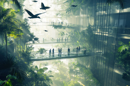 Visitors stroll along glass walkways in a vibrant indoor garden filled with tropical greenery and birds.の写真素材