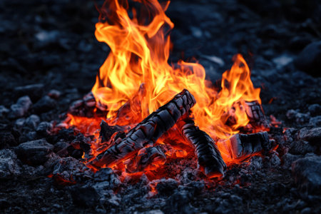Flickering flames dance above logs, creating a cozy atmosphere in a dark, secluded area.の写真素材