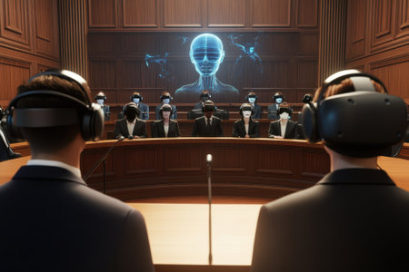 A group of masked individuals in suits participate in a virtual courtroom, focused on a digital display.の写真素材