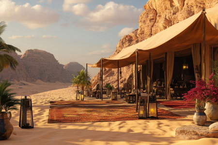 A luxurious tent is arranged in the desert with rugs and lanterns, offering a tranquil dining experience at sunset.の写真素材