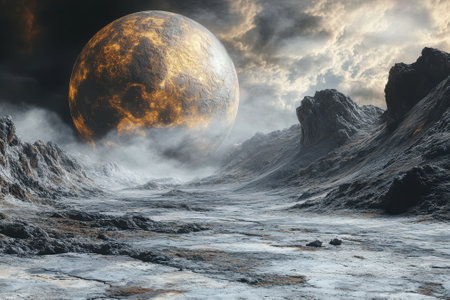 A dramatic alien landscape features rocky mountains and a bright planet illuminating the sky.の写真素材