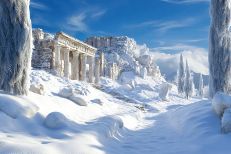 Snow blankets ancient ruins, tall trees rise under a bright blue sky, crafting a serene winter scene.の写真素材