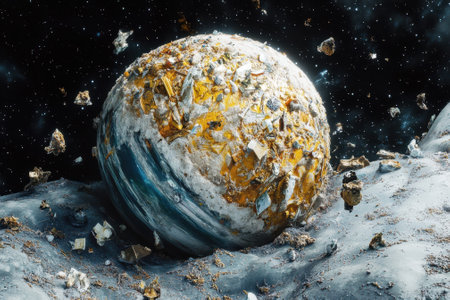 A damaged planet with rusted surfaces floats in space, surrounded by debris and distant stars.の写真素材