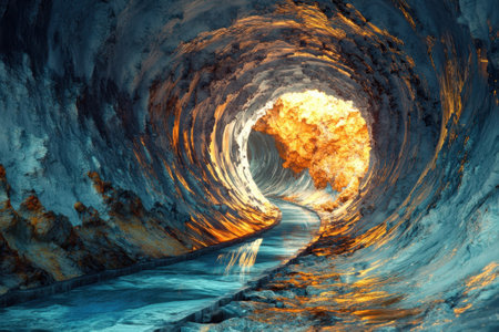 A colorful wave tunnel leads to a bright opening, creating a surreal atmosphere with glowing reflections.の写真素材