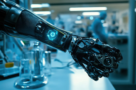 A robotic arm with intricate mechanics and glowing components is showcased in a high-tech laboratory environment.の写真素材