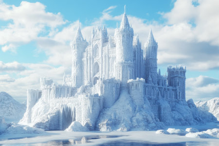 A grand castle made of ice stands tall on a snowy mountain, showing intricate architecture against a blue sky.の写真素材