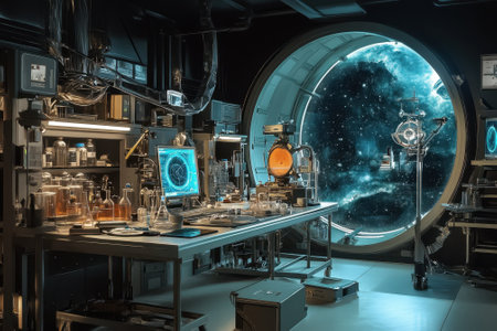 A high-tech laboratory features glowing equipment and a stunning view of space through a round window.の写真素材
