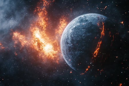 A distant planet experiences a catastrophic explosion, showing intense flames and cosmic debris.の写真素材