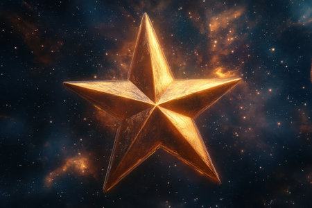 A vibrant golden star floats in a dark cosmic space filled with twinkling stars and colorful gases.の写真素材