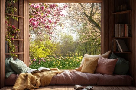 A serene spot features soft cushions and a book, framed by a vibrant garden in full spring bloom.の写真素材