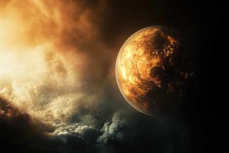 Colorful planet glows brightly amid swirling dark and light clouds in the vastness of space at twilight.の写真素材