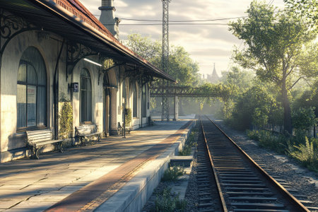 Morning sunlight illuminates an old train station with empty platforms and lush greenery along the tracks.の写真素材