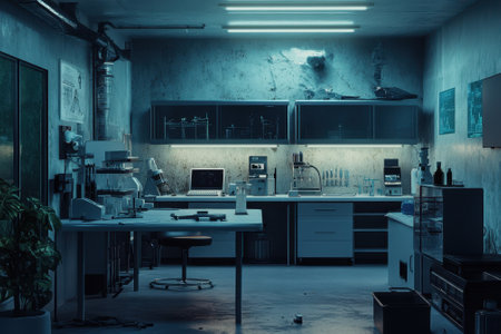 High-tech laboratory features sleek counters, machinery, and sterile equipment in a dimly lit setting.の写真素材
