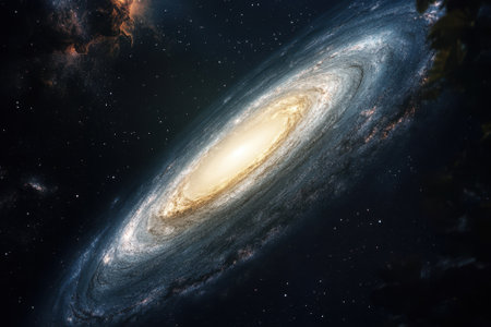 A stunning spiral galaxy glows brilliantly in the cosmos, showing its intricate arms and luminous core.の写真素材