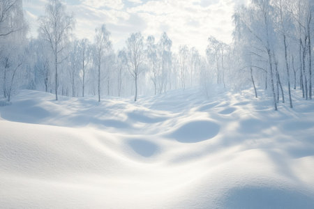 A serene winter landscape with soft snow covering hills and sparse trees against a bright cloudy sky.の写真素材