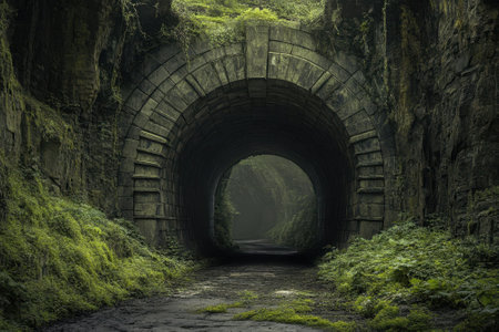 A serene tunnel surrounded by dense vegetation leads into darkness, inviting exploration in twilight hours.の写真素材