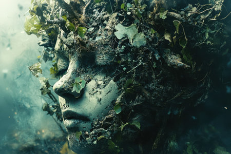 A figure with a face partially covered in leaves and soil showcases the bond between nature and humanity.の写真素材