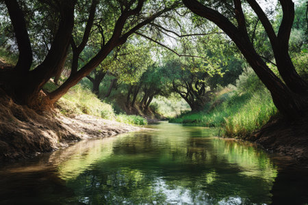 A calm river winds through lush greenery, with sunlight filtering through tree branches creating an enchanting scene.の写真素材