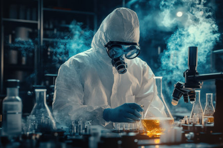 A researcher in protective gear carefully mixes chemicals in a lab with glass beakers and smoke.の写真素材