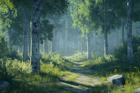 A tranquil forest path lined with tall trees and green foliage leads to a peaceful clearing, illuminated by dawn.の写真素材