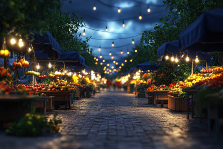 Stalls display a variety of colorful fruits and vegetables as soft lights illuminate the market at dusk.の写真素材
