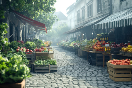 Vendors display fresh produce in crates along a quaint cobblestone street surrounded by greenery.の写真素材