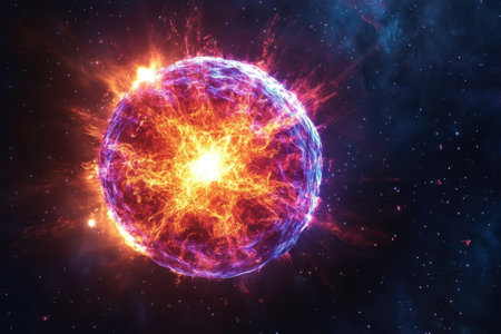 An awe-inspiring explosion of energy and light occurs in deep space, creating vivid colors and patterns.の写真素材