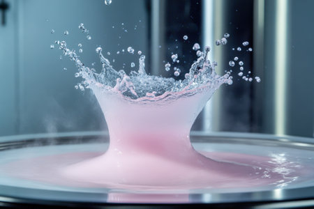 A high splash of pink liquid creates a crown shape as it hits the surface, showing dynamic movement and beauty.の写真素材
