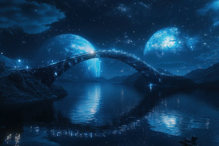 A luminous bridge spans a calm body of water under a starry sky with two vibrant moons illuminating the scene.の写真素材