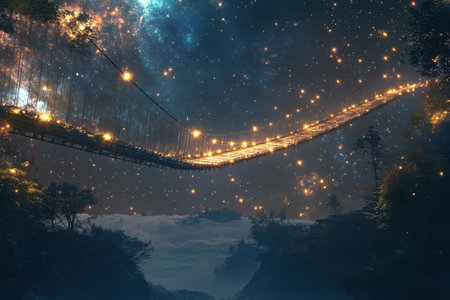 A breathtaking illuminated bridge stretches across a dark valley under a star-filled sky, creating a magical atmosphere.の写真素材