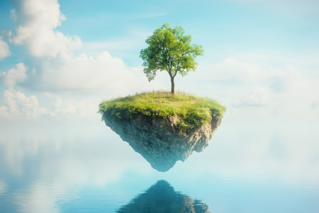 A solitary green tree grows on a small floating island surrounded by tranquil water and bright clouds.の写真素材
