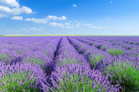 Purple lavender flowers bloom in neat rows, filling the landscape with color and fragrance on a sunny day.の写真素材