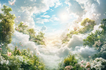 A serene landscape features colorful flowers and tall green trees amidst fluffy clouds and soft sunlight.の写真素材