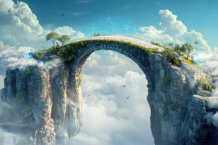 A stunning stone bridge arches over deep cliffs, surrounded by fluffy clouds and illuminated by soft morning light.の写真素材